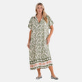 La Marey Woven Long Print Dress in White with Green Flower Pattern - One Size Fits Most - Sticky add to cart bar