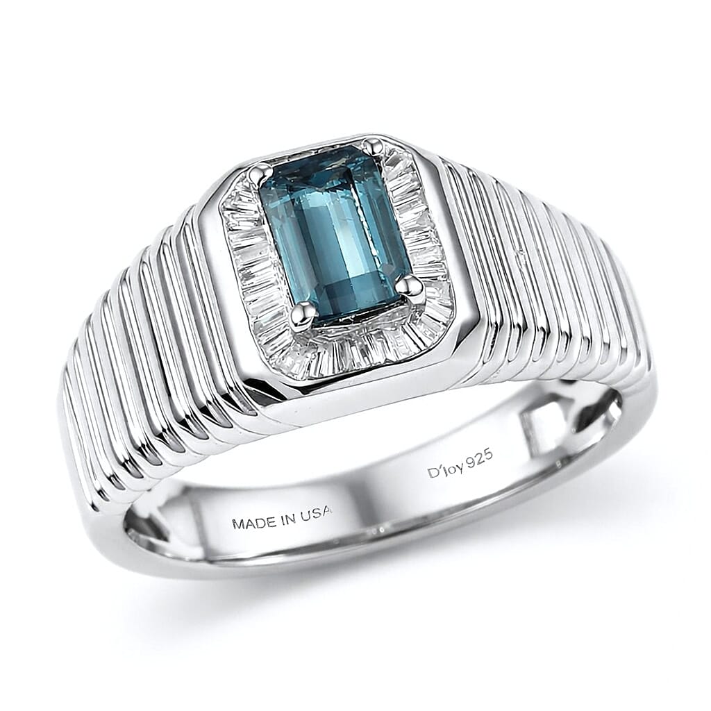 D'Joy Premium Monte Belo Indicolite, Diamond (0.19 cts) Men's Ring in Rhodium Over Sterling Silver (Size 10.0) 0.85 ctw