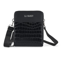 La Marey Black Faux Leather Linear Texture Phonebag with Shoulder Strap (8.26"x6.70"x1.77")