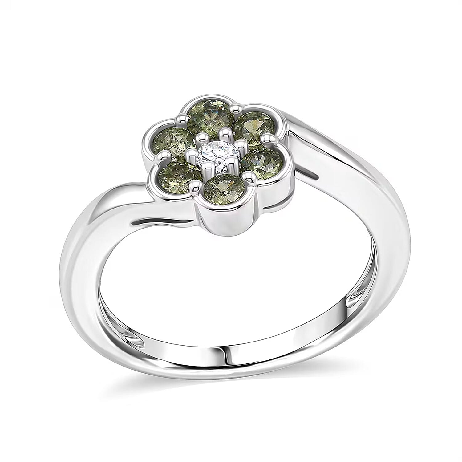 Ambanja Demantoid Garnet, Luxuriant Lab Grown Diamond (G-H, SI) Ring in Rhodium Over Sterling Silver (Size 10.0) 0.85 ctw