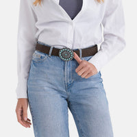 Brown Faux Leather Floral Pattern Buckle Belt