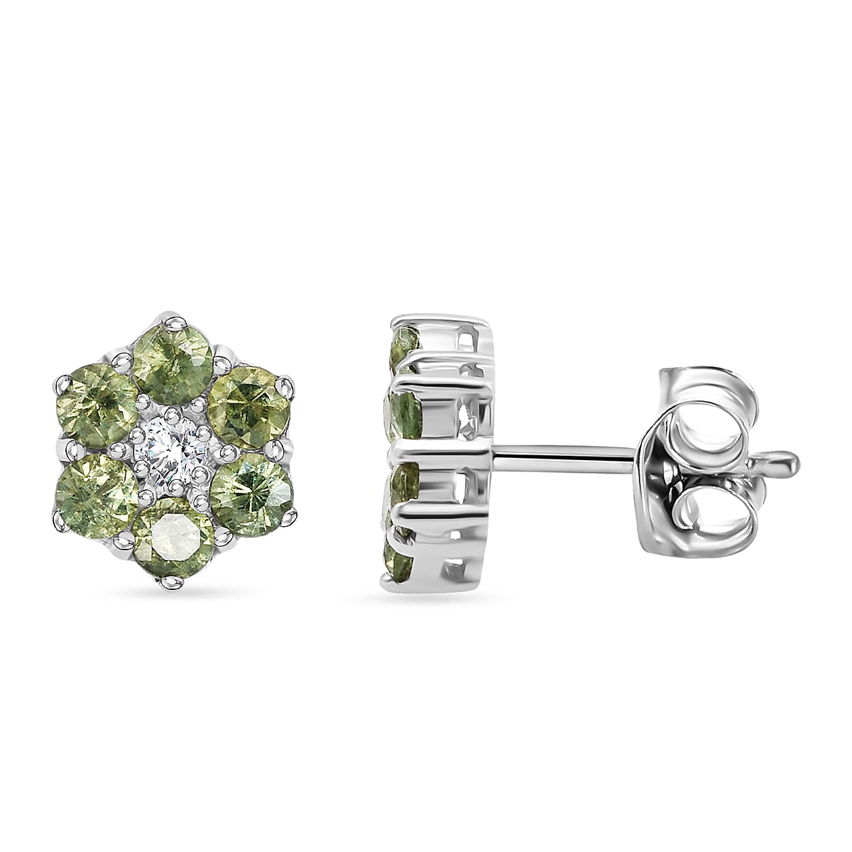 Premium Ambanja Demantoid Garnet and Luxuriant Lab Grown Diamond G-H SI 1.00 ctw Natures Bloom Studs Earrings in Rhodium Over Sterling Silver
