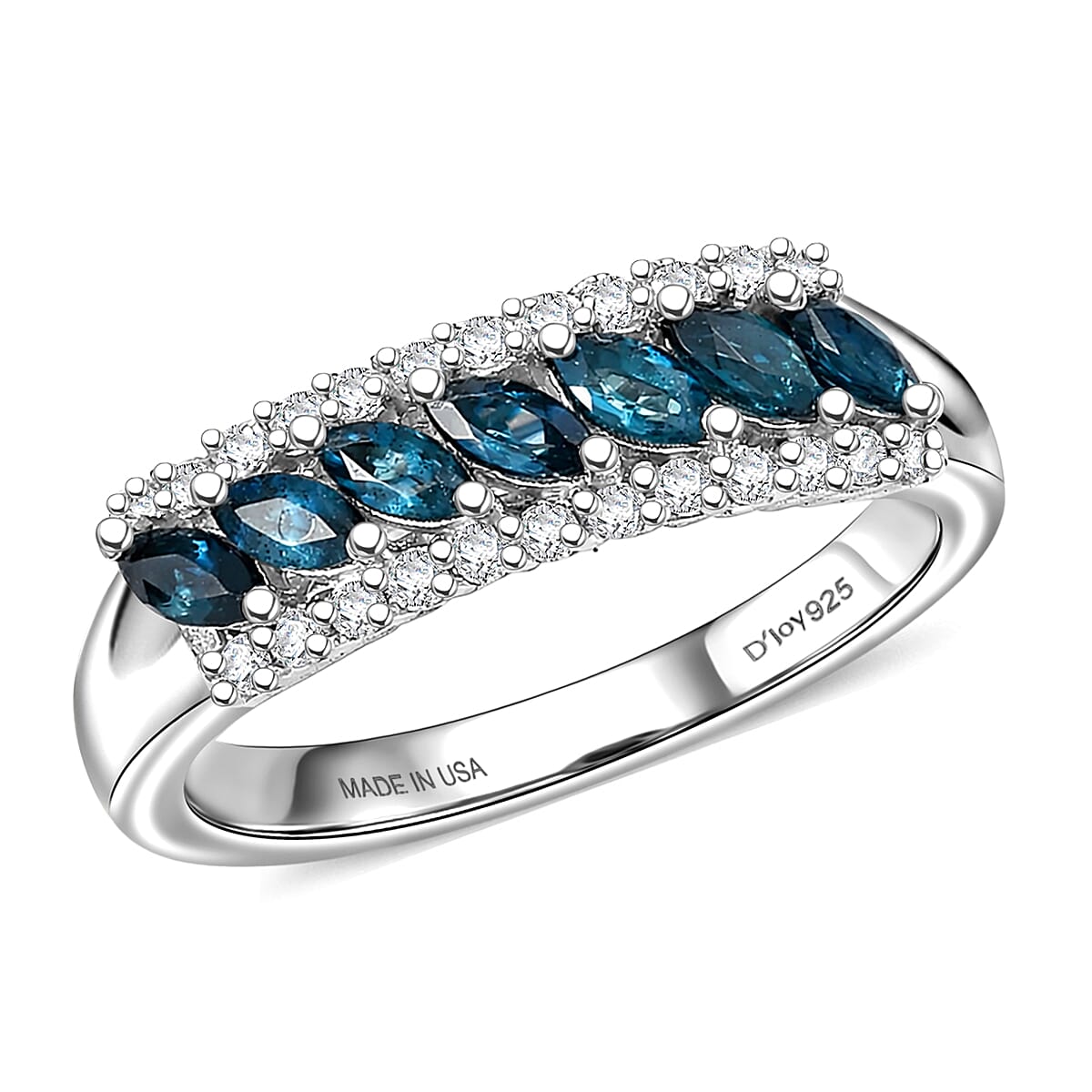D'Joy Premium Monte Belo Indicolite, White Zircon Ring in Rhodium Over Sterling Silver (Size 10.0) 0.75 ctw