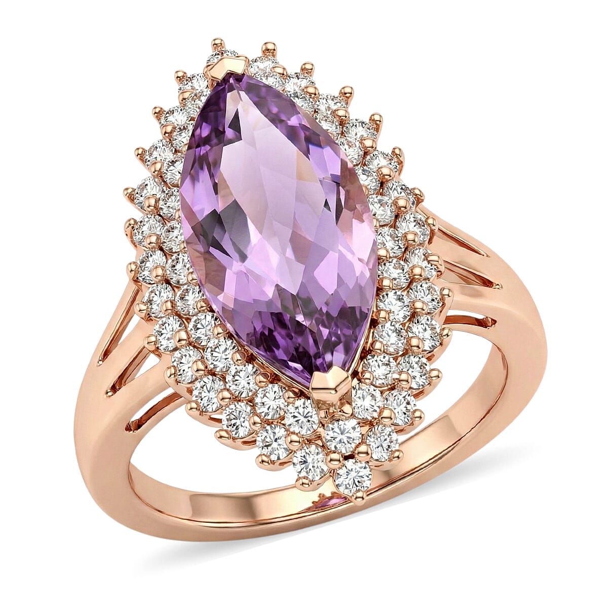 EverTrue Rose De France Amethyst, White Zircon Ring in 18K RG Plated (Size 10.0) 4.90 ctw