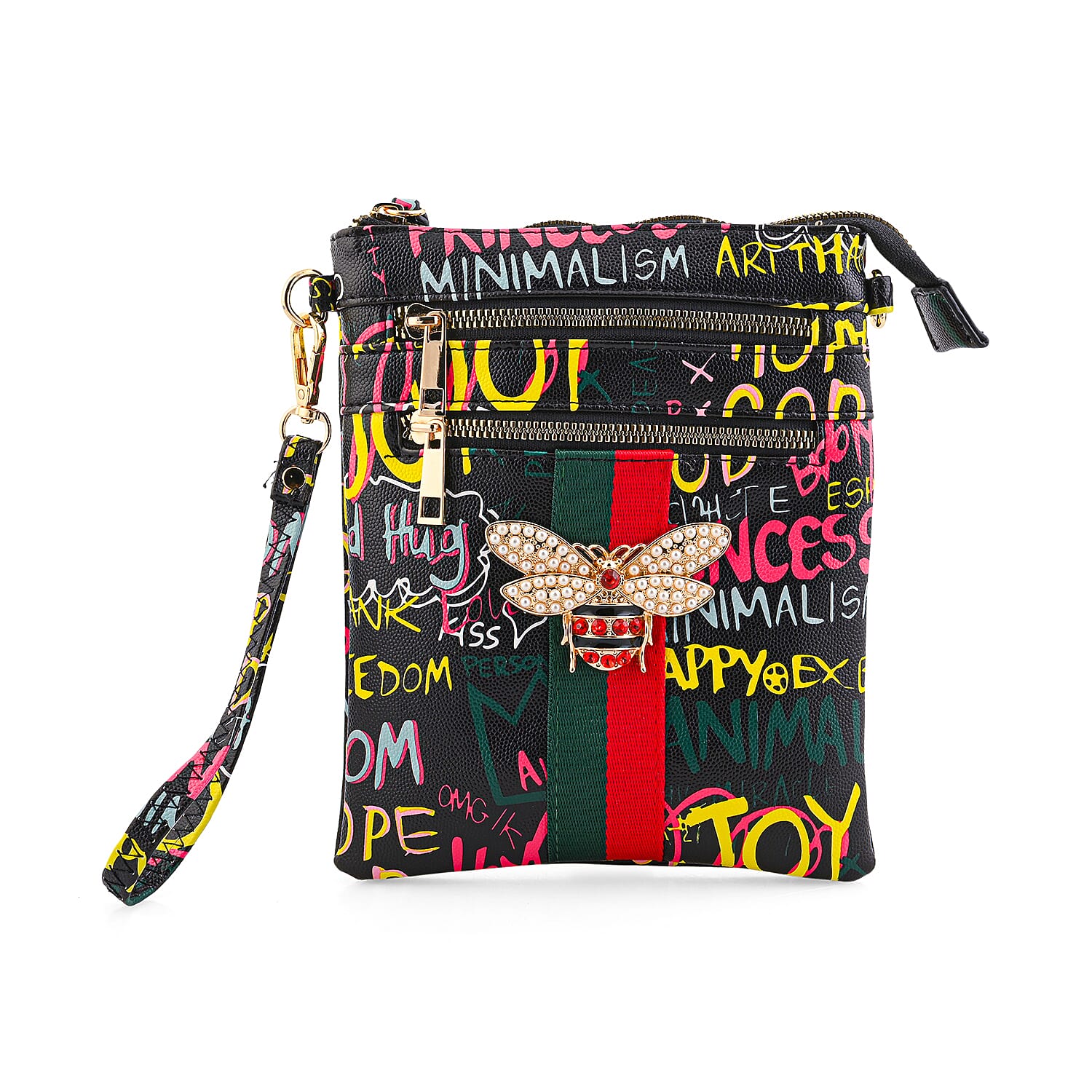 Closeout Chunma Black and Multi Color Graffiti Bee Faux Leather Clutch Crossbody Bag (8"x6"x3")