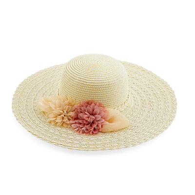 Passage Straw Sun Hat with Floral Bow - White (7"x3.1")