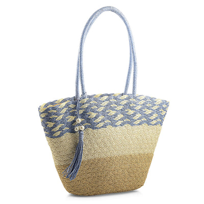 Passage Blue with Multi Paper Straw Tote Bag (17.72"x5.12"x14.7")