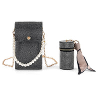 La Marey Silver Rhinestone Faux Leather Crossbody Phone Bag with Lipstick Pouch
