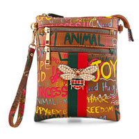 Closeout Chunma Black and Multi Color Graffiti Bee Faux Leather Clutch Crossbody Bag (8"x6"x3")