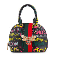 Closeout Chunma Black and Multi Color Graffiti Bee Faux Leather Satchel Bag (5"x8"x3")