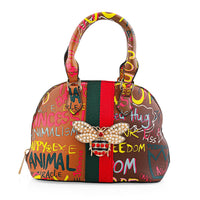 Closeout Chunma Black and Multi Color Graffiti Bee Faux Leather Satchel Bag (5"x8"x3")