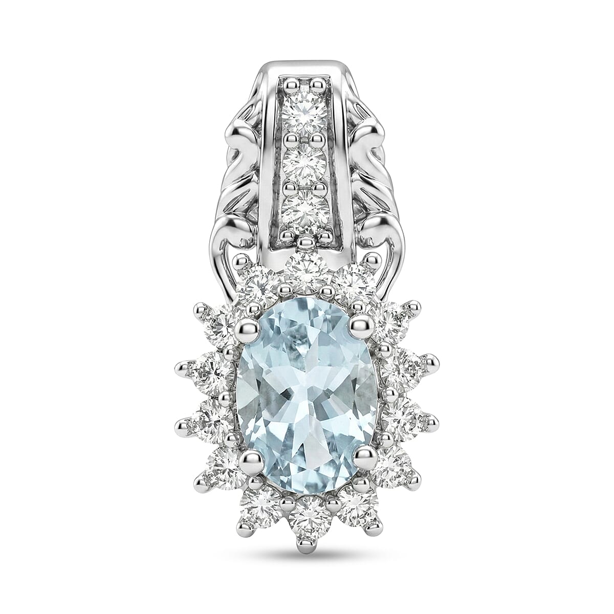 D'Joy Premium Mangaro Aquamarine and White Zircon 1.15 ctw Pendant Without Chain in Rhodium Over Sterling Silver
