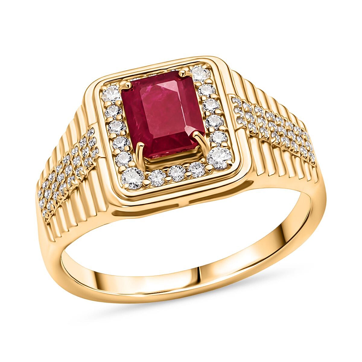 D'Joy Premium Mozambique Ruby, Moissanite Men's Ring in 18K Vermeil YG Over Sterling Silver (Size 10.0) 2.30 ctw