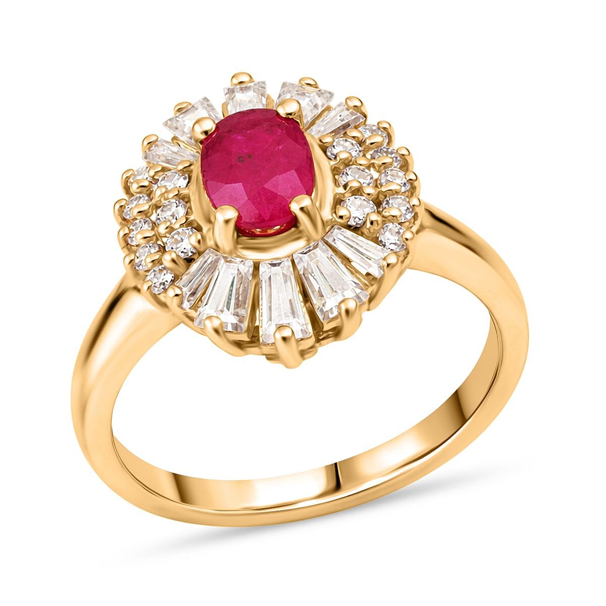 D'Joy Premium Mozambique Ruby, Moissanite Ring in 18K Vermeil YG Over Sterling Silver (Size 10.0) 2.10 ctw