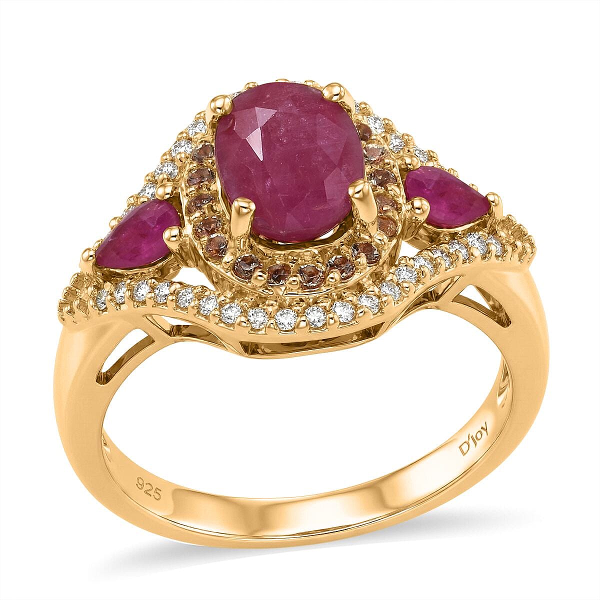 D'Joy Premium Mozambique Ruby, Multi Gemstone Ring in Rhodium and 18K Vermeil YG Over Sterling Silver (Size 6.0) 2.20 ctw