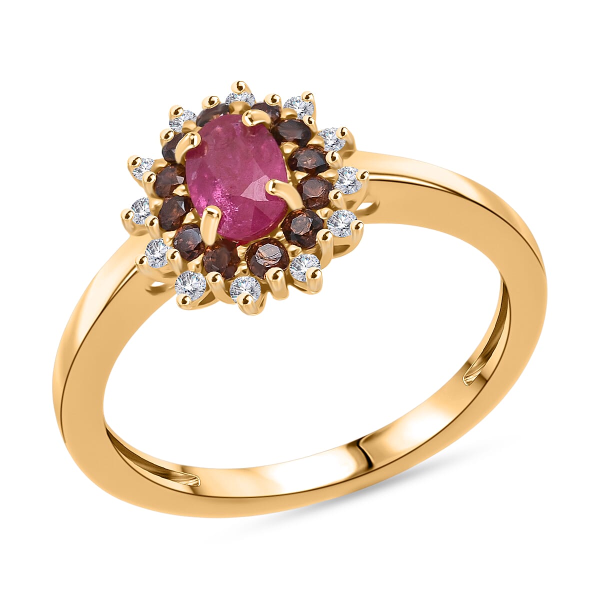 D'Joy Mozambique Ruby, White and Coffee Zircon Regal Halo Ring in 18K Vermeil YG Over Sterling Silver (Size 6.0) 1.15 ctw