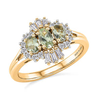 D'Joy Premium Tanzanian Mint Garnet, Moissanite Three-Stone Celebration Ring in 18K Vermeil YG Over Sterling Silver (Size 10.0) 1.00 ctw