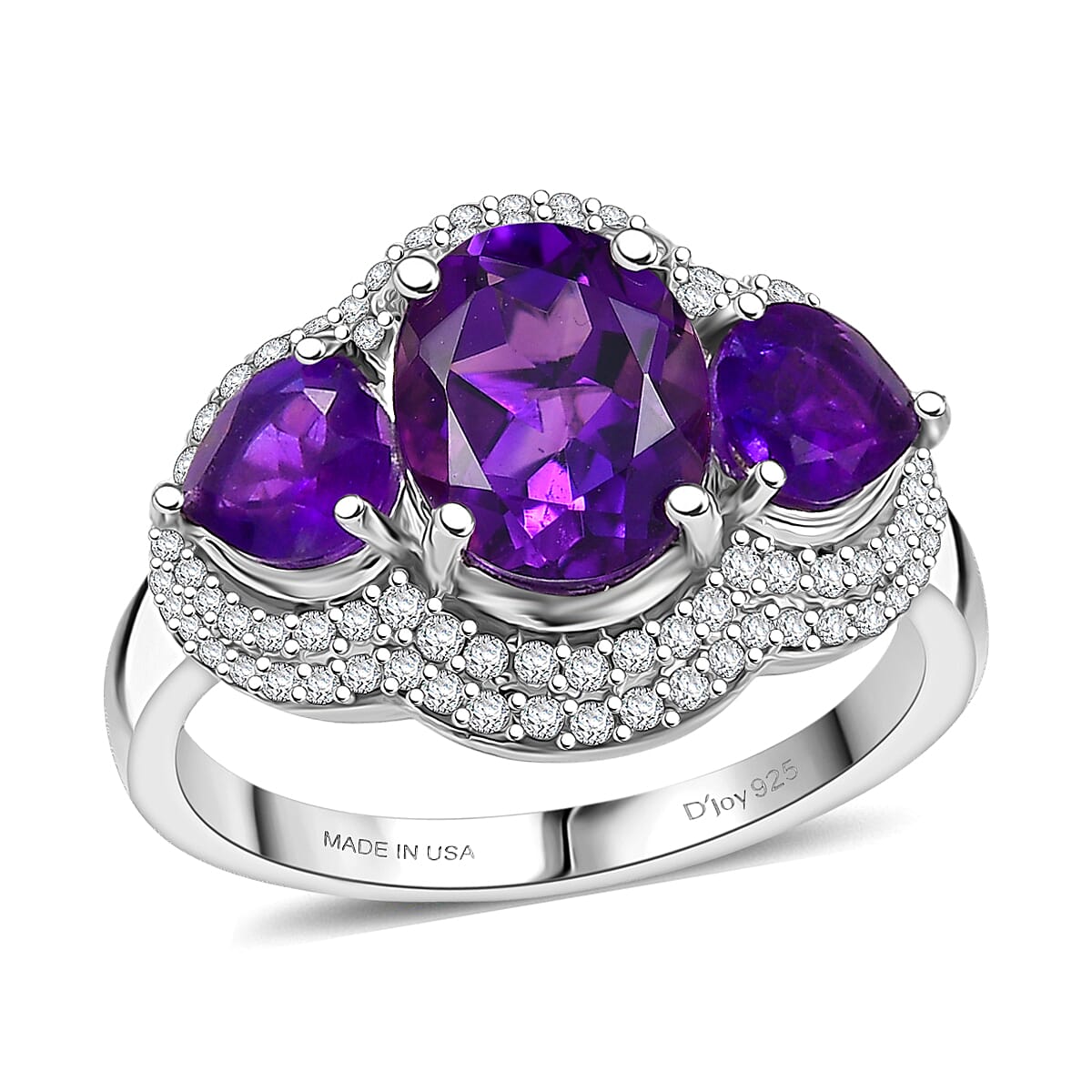 D'Joy Premium Lusaka Amethyst, Moissanite Bloom Trilogy Ring in Rhodium Over Sterling Silver (Size 10.0) 3.00 ctw