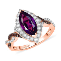 D'Joy Premium Lusaka Amethyst, White and Brown Zircon Marquise Bloom Ring in 18K Vermeil RG Over Sterling Silver (Size 10.0) 2.50 ctw