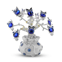 Silver & Blue Evil Eye Owl Tree Money Bag Resin Decorative Figurine (7.87")