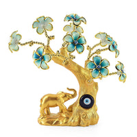 Gold & Blue Floral Tree with Evil Eye Elephant Resin Decorative Figurine (7.87")
