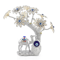 Silver & White Evil Eye Daisy Floral Tree Camel Resin Decorative Figurine (7.87")