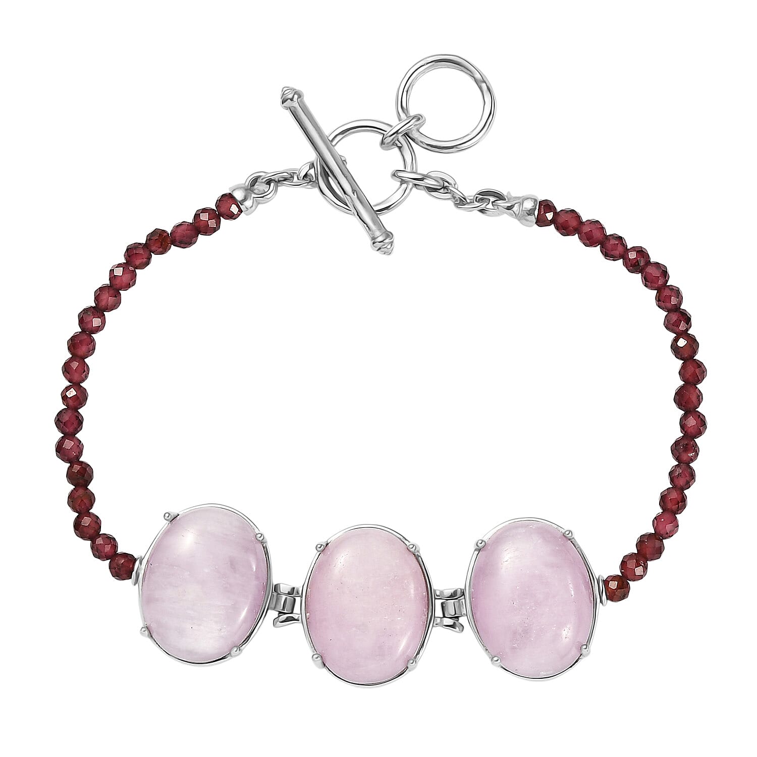 EverTrue Kunzite and Orissa Rhodolite Garnet 42.35 ctw Beaded Serenity Trio Bracelet in Stainless Steel (7.25 In)