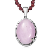 EverTrue Kunzite Royal Berry Elegance Pendant with Orissa Rhodolite Garnet Beaded Necklace in Stainless Steel 63.25 ctw (18 Inches)