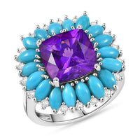 D'Joy Premium Lusaka Amethyst, Multi Gemstone Petal Halo Ring in Rhodium Over Sterling Silver (Size 10.0) 7.50 ctw