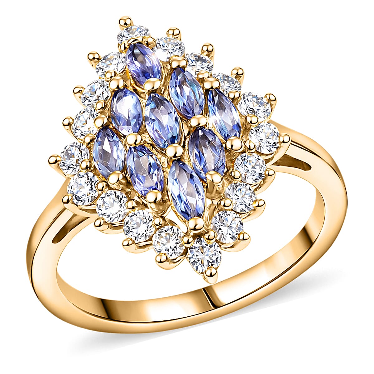 EverTrue Tanzanite, White Zircon Blue Flame Ring in 18K YG Plated (Size 10.0) 1.70 ctw