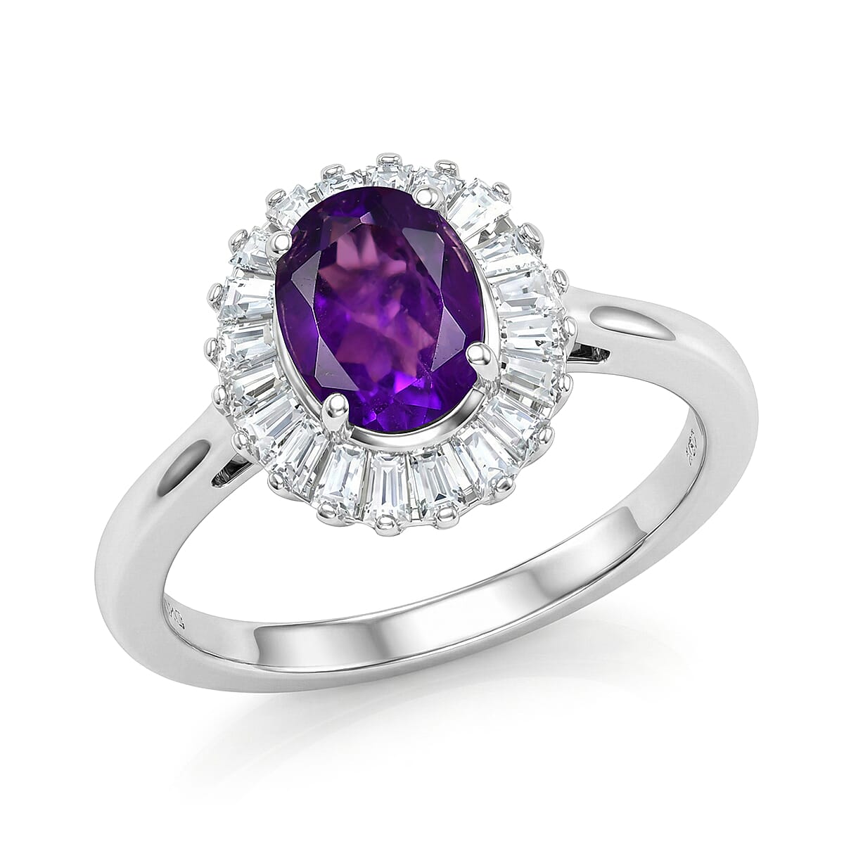 D'Joy Premium Lusaka Amethyst, Moissanite Sunray Bloom Ring in Rhodium Over Sterling Silver (Size 10.0) 1.60 ctw