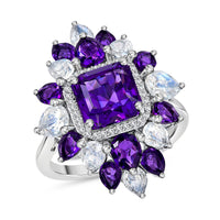 Premium Lusaka Amethyst, Multi Gemstone Petal Frame Ring in Rhodium Over Sterling Silver (Size 10.0) 6.10 ctw