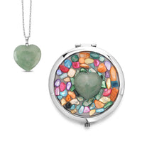 Livmore Green Cosmetic Gemstone Mirror with Matching Green Aventurine Heart Necklace (20 Inches) in Silvertone