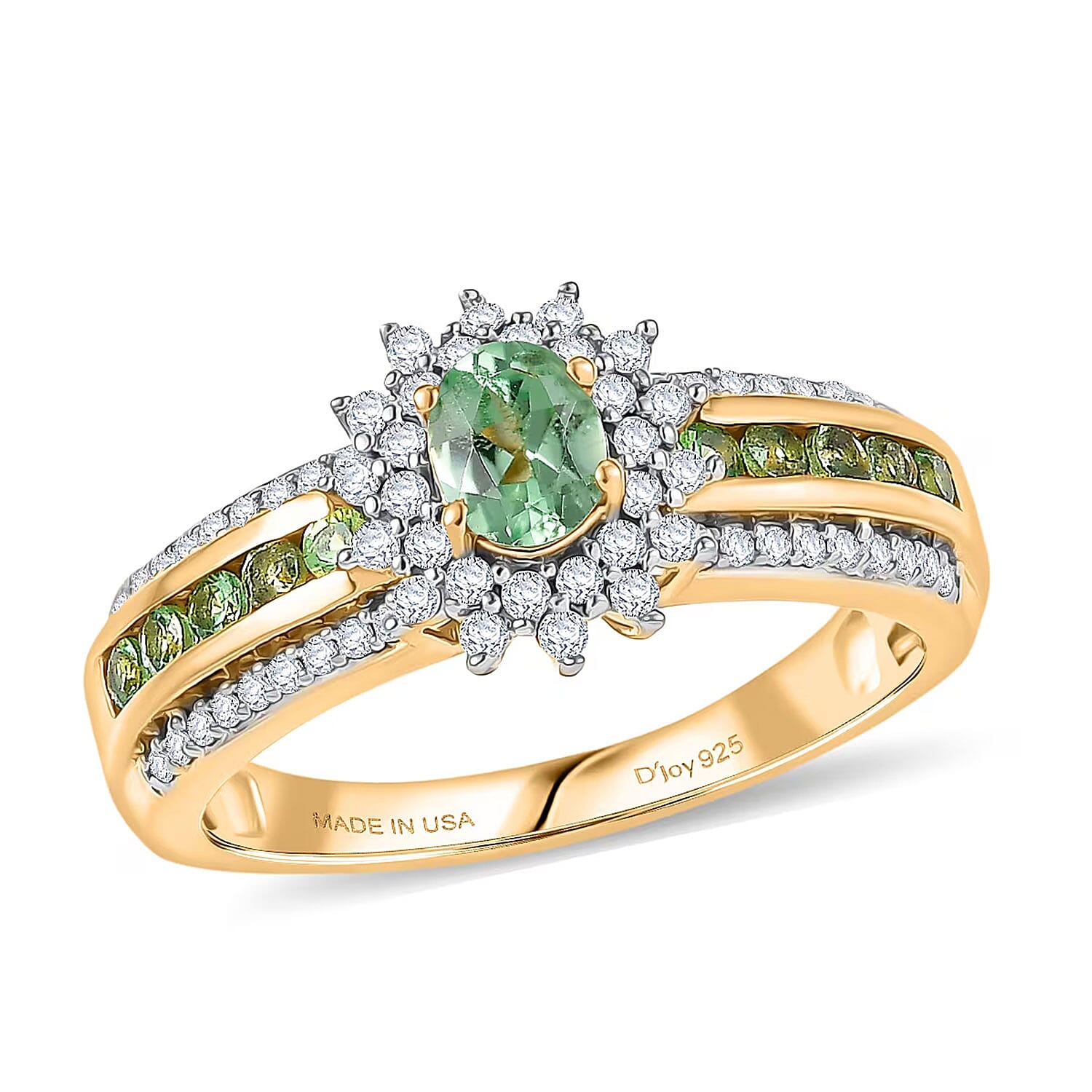 D'Joy Premium Tanzanian Mint Garnet, Moissanite Bloom Halo Ring in 18K Vermeil YG Over Sterling Silver (Size 10.0) 1.10 ctw