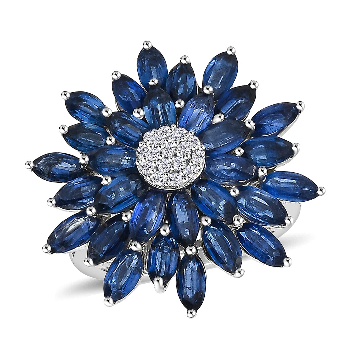 D'Joy Premium Kashmir Kyanite, White Zircon Ring in Rhodium Over Sterling Silver (Size 10.0) 7.35 ctw