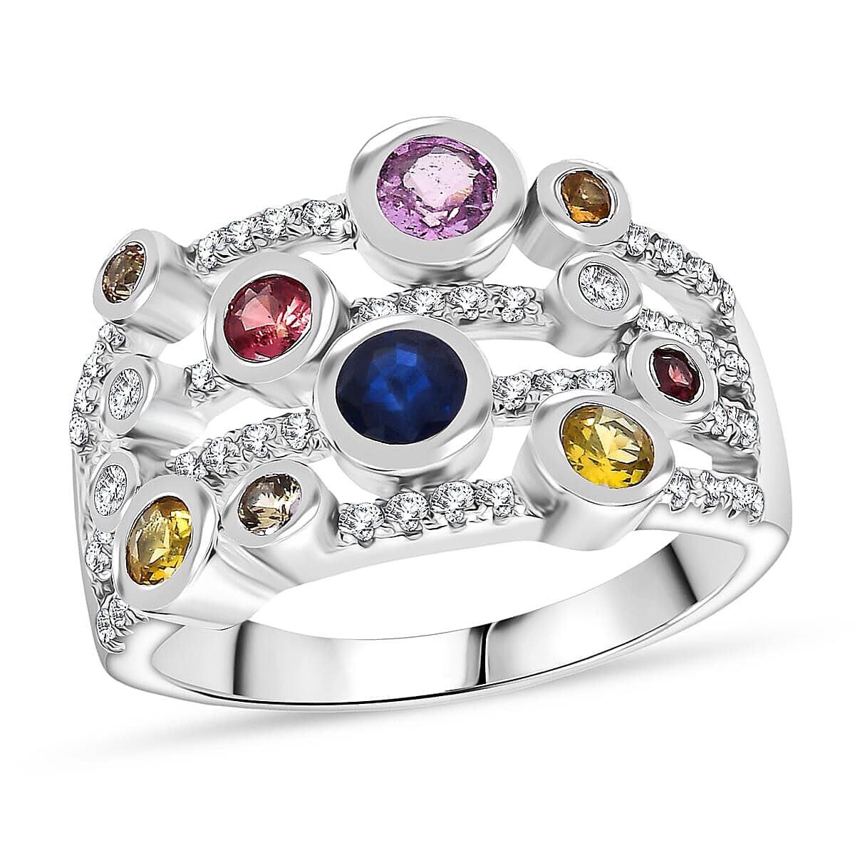 Multi Sapphire, Moissanite Ring in Rhodium Over Sterling Silver (Size 8.0) 1.50 ctw (1)
