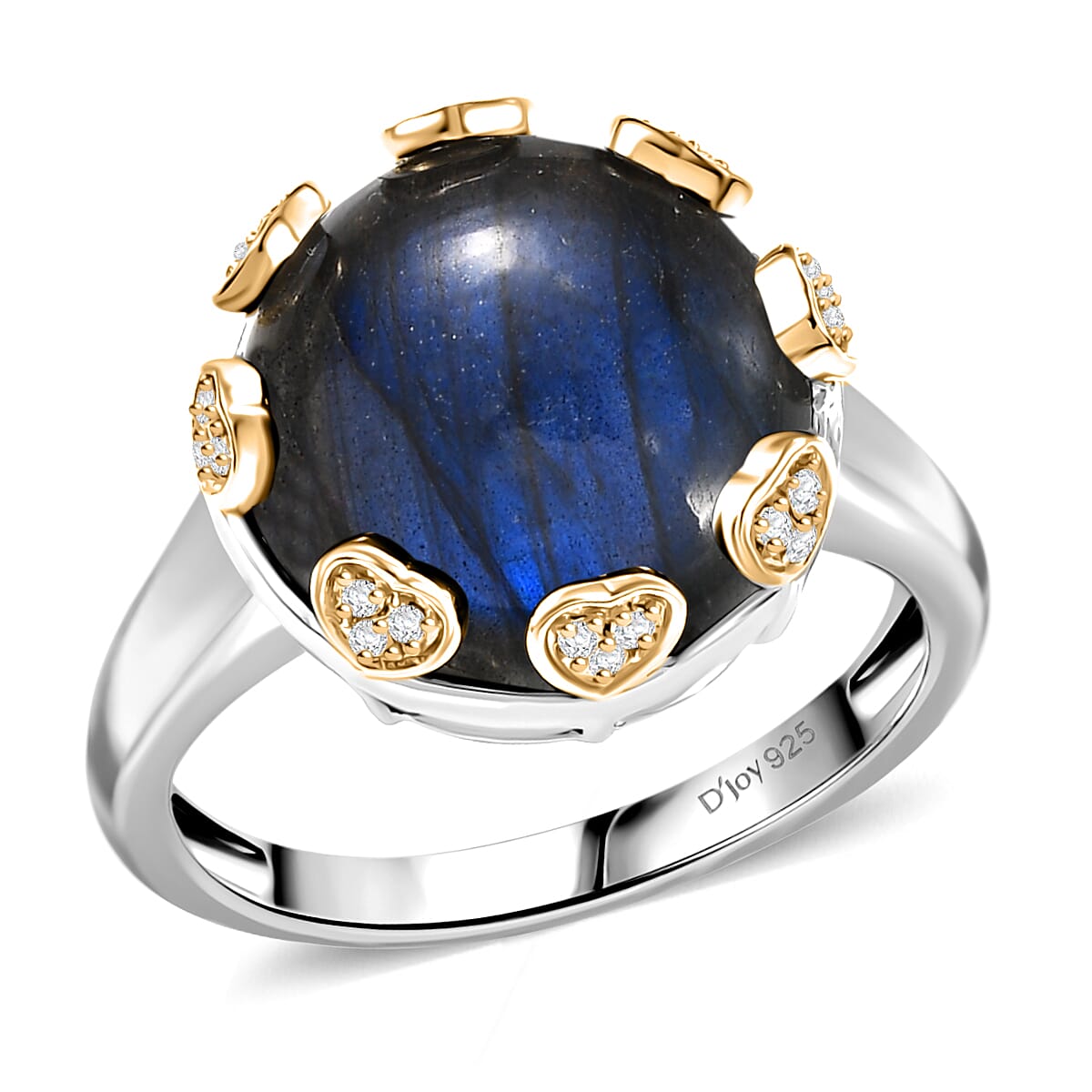 D'Joy AAA Malagasy Labradorite, White Zircon Ring in Rhodium Over Sterling Silver (Size 10.0) 13.00 ctw
