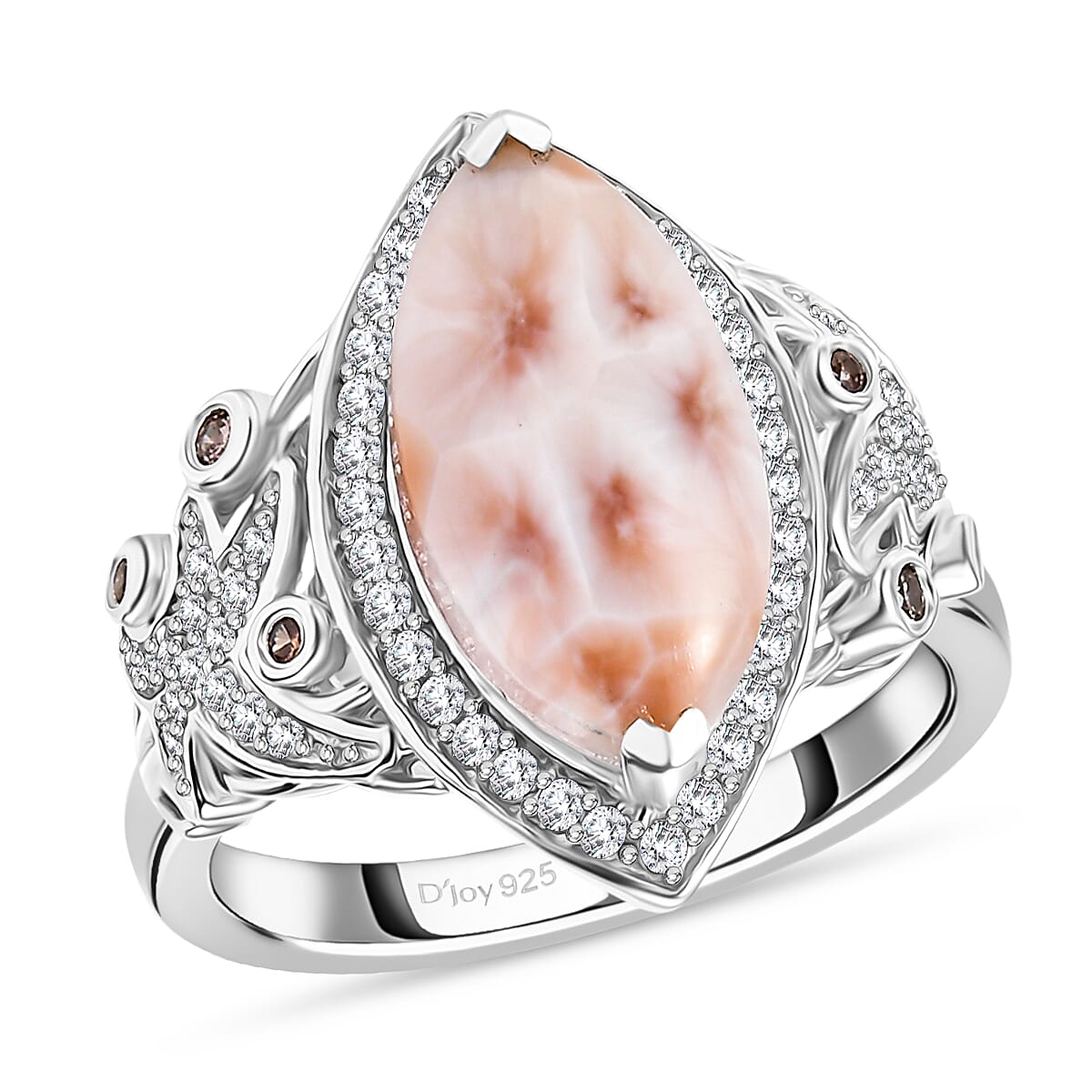 D'Joy Premium Natrolite, White and Champagne Zircon 6.50 ctw Ring in Rhodium Over Sterling Silver (Size 8.0)