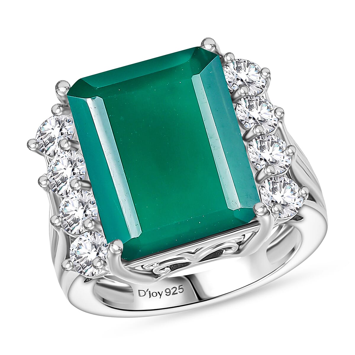 D'Joy Green Onyx and White Topaz 12.00 ctw Ring in Rhodium Over Sterling Silver (Size 8.0)