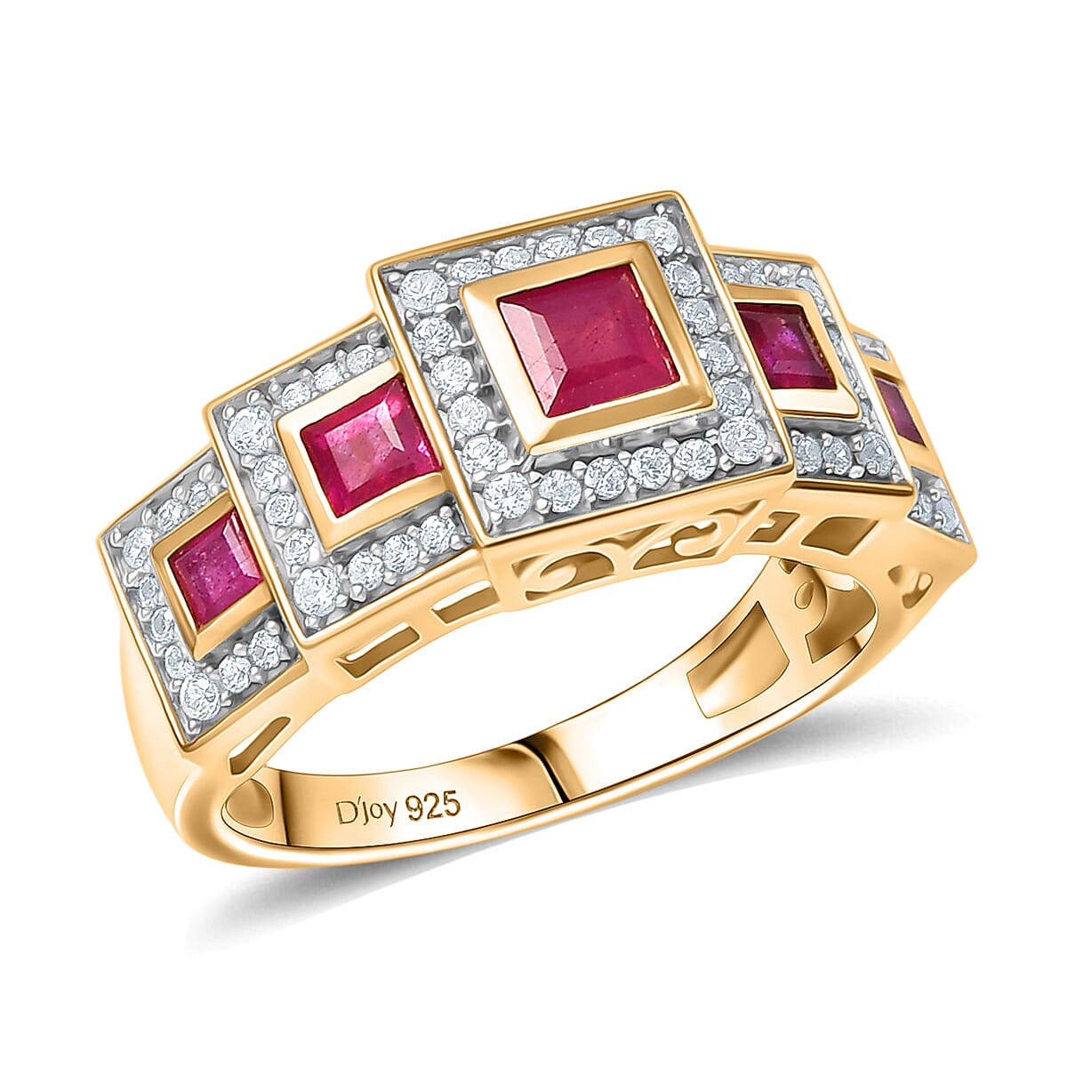 D'Joy African Ruby (FF), White Zircon Ring in 18K Vermeil YG Over Sterling Silver (Size 8.0) 1.85 ctw