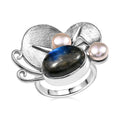AAA Malagasy Labradorite and White Pearl 7.00 ctw Ring in Rhodium Over Sterling Silver (Size 8.0) - Sticky add to cart bar