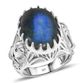 AAA Malagasy Labradorite 13.25 ctw Solitaire Ring in Rhodium Over Sterling Silver (Size 8.0) - Sticky add to cart bar