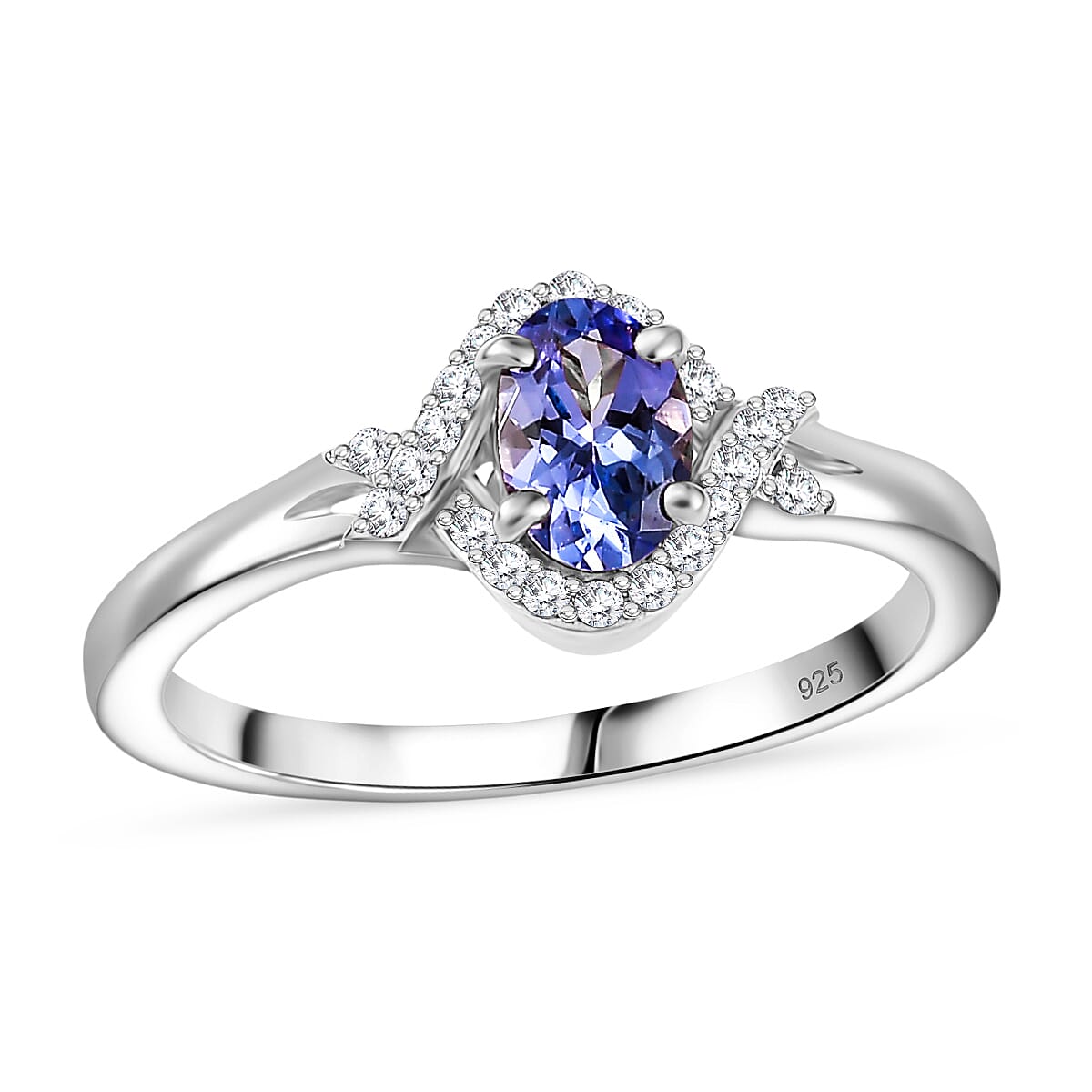Tanzanite, White Zircon Ring in Rhodium Over Sterling Silver (Size 8.0) 0.65 ctw