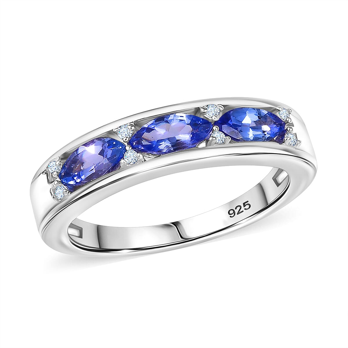 Tanzanite, White Zircon Ring in Rhodium Over Sterling Silver (Size 7.5) 0.90 ctw