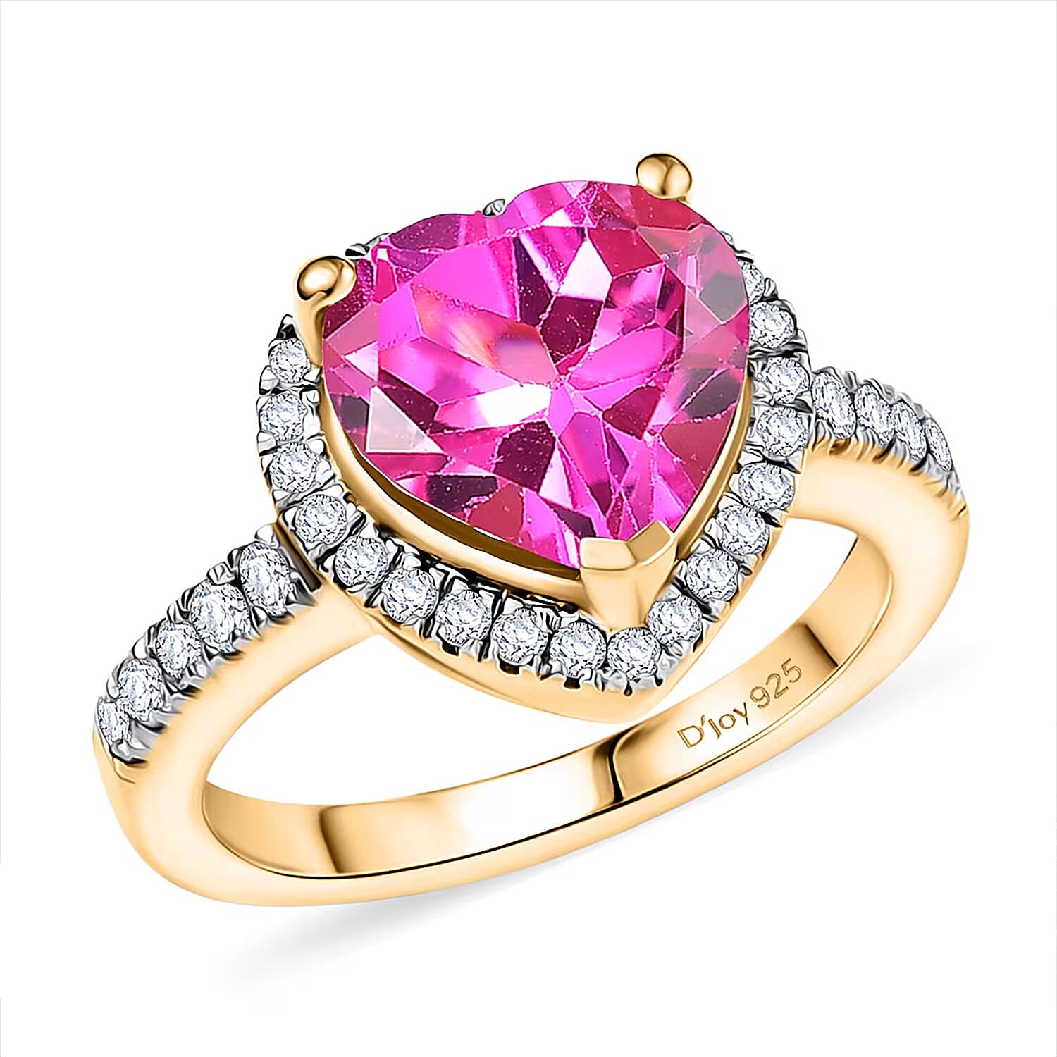 D'Joy Lab Created Pink Sapphire and White Zircon 5.00 ctw Heart Ring in 18K Vermeil Yellow Gold Over Sterling Silver