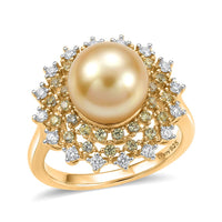 D'Joy Premium South Sea Golden Cultured Pearl (9-11mm), Multi Gemstone Ring in 18K Vermeil YG Over Sterling Silver (Size 9.0) 1.00 ctw