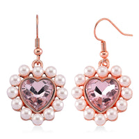 Pink Glass, White Shell Pearl Heart Earrings in Rosetone and ION Plated RG Stainless Steel