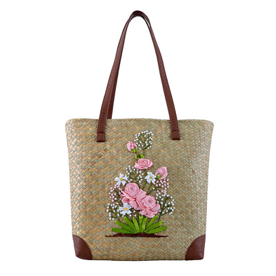 Passage Blooming Rose Handcrafted Ribbon Embroidered Straw Tote Bag (14.9"X11.8"X3.9")