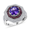 D'Joy Premium Lusaka Amethyst, Multi Gemstone Bloom Citadel Ring in Rhodium Over Sterling Silver (Size 10.0) 2.50 ctw - Sticky add to cart bar