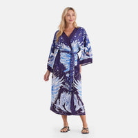 LA MAREY Dark Gray with Red Crane Placement Print Kimono One Size Fit Most